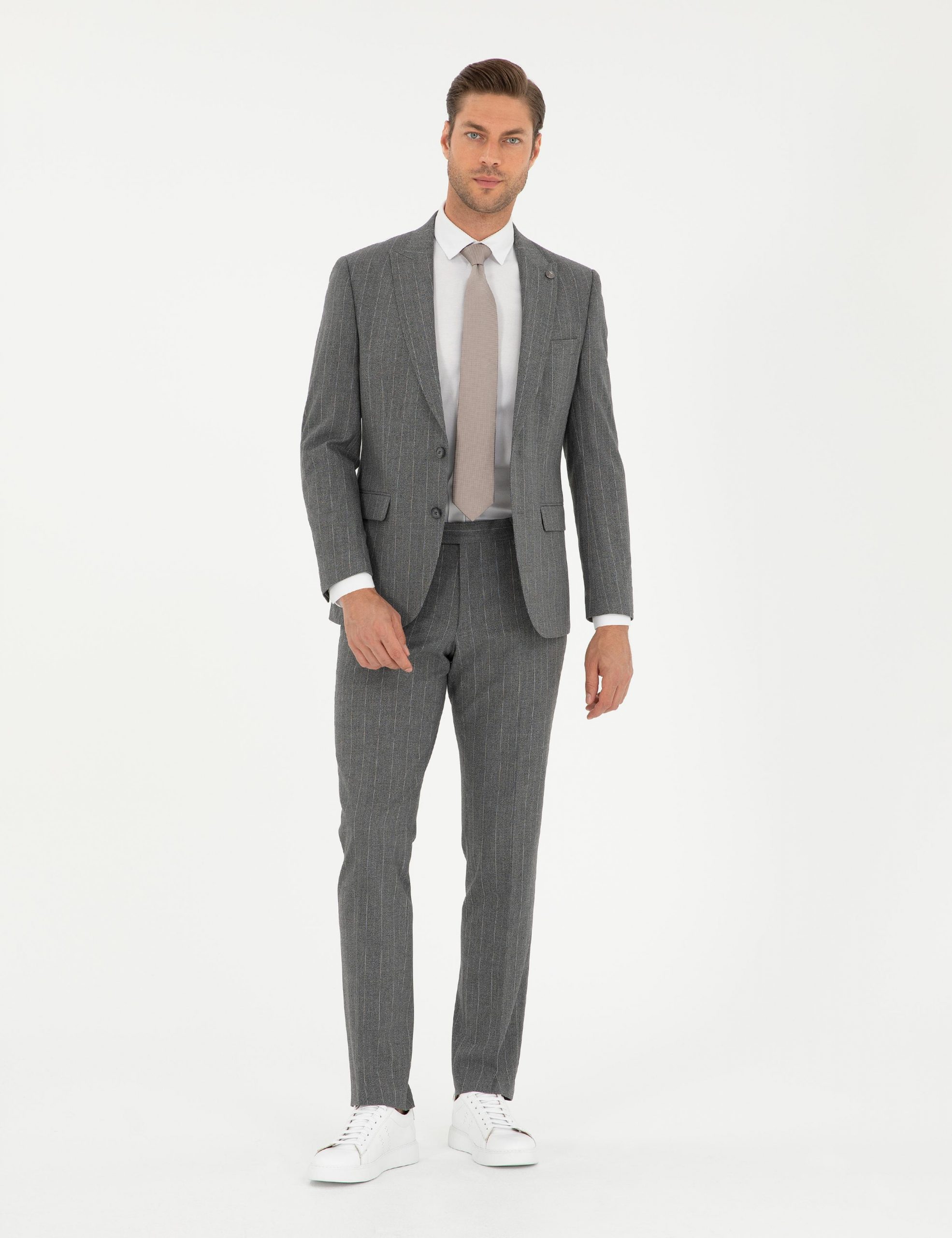 کت و شلوار مردانه خاکی ملانژ پیرکاردین - فروشگاه لباس شهرمون