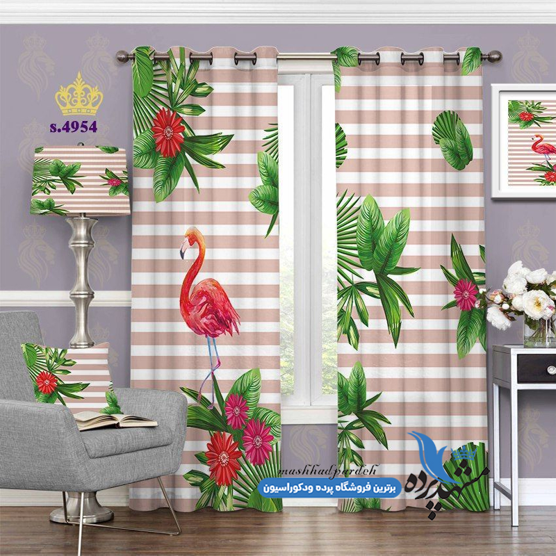 پرده پانچ پرنده طرح فلامینگو و گلهای زیبا کد s-4954