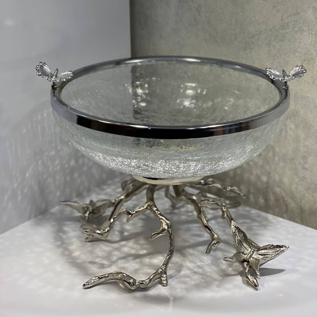 ظروف پذیرایی میوه خوری طرح پروانه با شیشه آبگز نقره تضمینی 