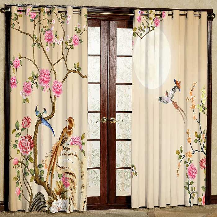 پرده مدل گل و پرنده مخمل پانچی کد 1147L سایز 140x280 سانتی متر