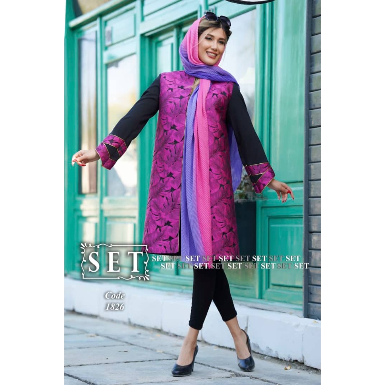 مانتو مجلسی برند set مدل برگ کد 1826 رنگ سرخابی