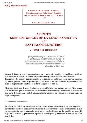 خرید و دانلود نسخه کامل کتاب Apuntes sobre el origen de la lengua quichua en Santiago del Estero [1863]