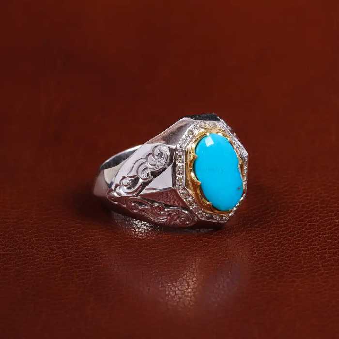 انگشتر فیروزه عجمی مردانه کد 23445 - جواهری مشاهیر