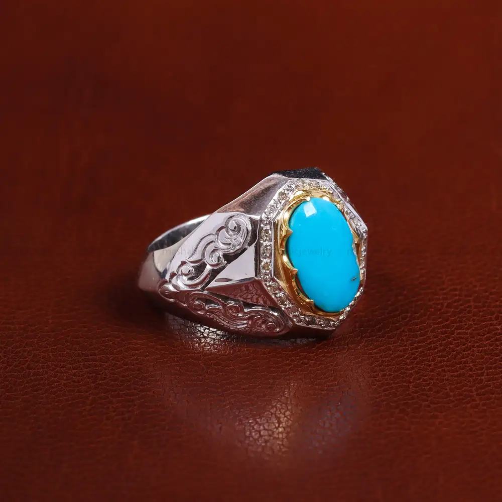 انگشتر فیروزه عجمی مردانه کد 23445 - جواهری مشاهیر