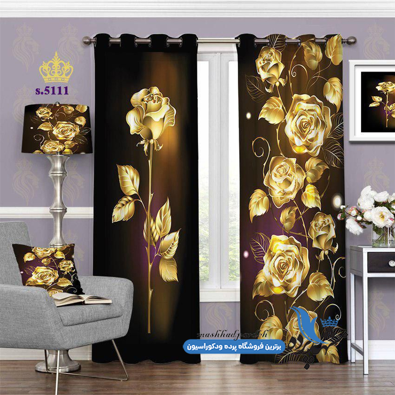 پرده پانچ فانتزی طرح گل های طلایی کد s-5111