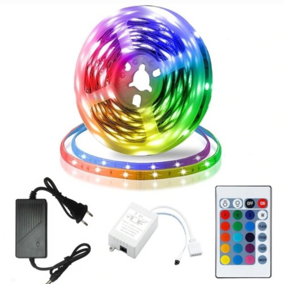پک کامل ریسه نواری SMD مدل 5050 RGB(هفت رنگ) پشت چسب دار 5 متری(ریسه،آداپتور،ریموت)