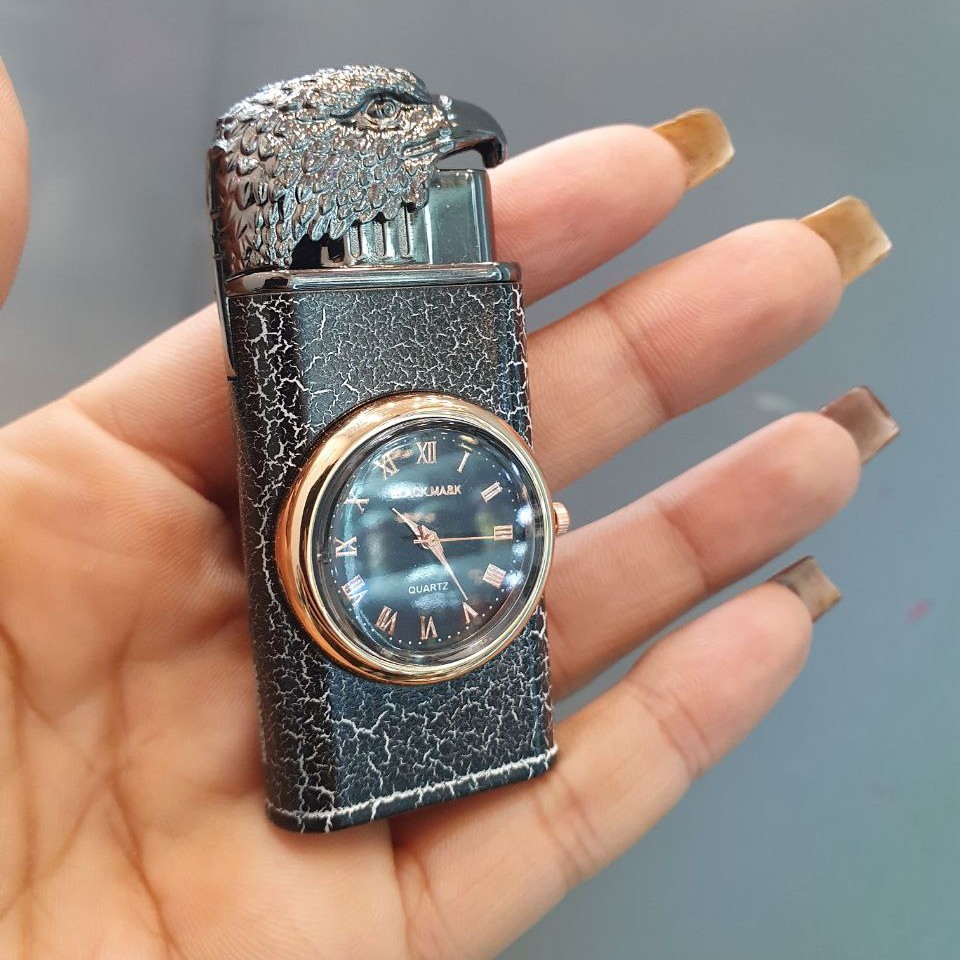 فندک دوشعله   ساعت دار طرح برجسته با قابلیت تعویض باتری ساعت و شارژ گازی فندک 