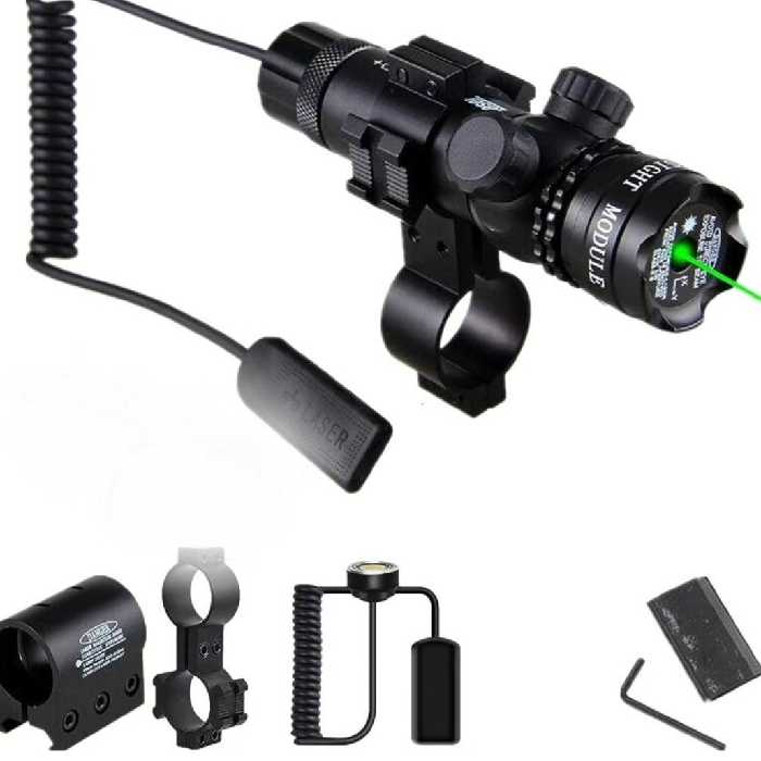 لیزر  روی اسلحه شکاری دارای دو عدد رینگ و چسب و آلن و همراه دو عدد دکمه  خاموش روشن به دو روش  