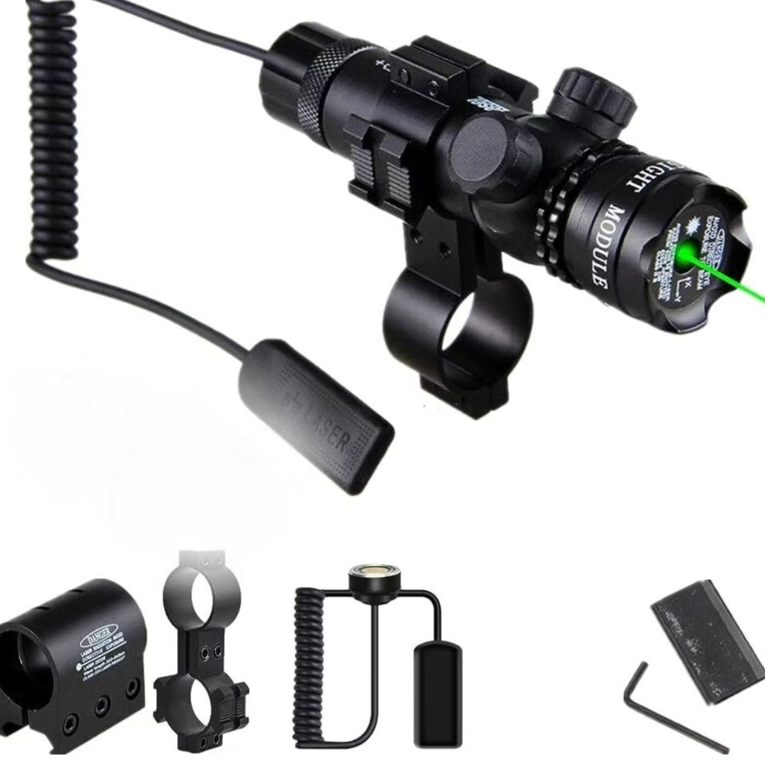 لیزر  روی اسلحه شکاری دارای دو عدد رینگ و چسب و آلن و همراه دو عدد دکمه  خاموش روشن به دو روش  