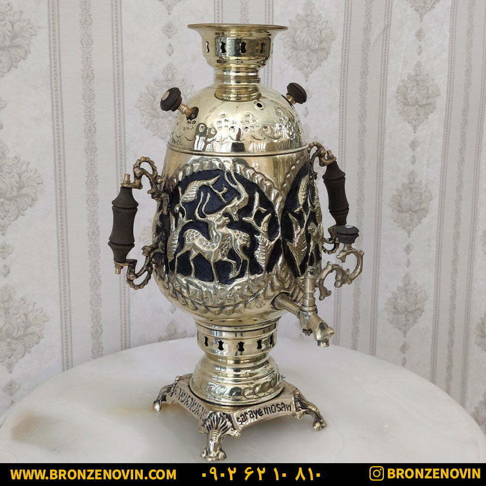 سماور زغالی برنجی مدل آهو قلم دست کد 1210