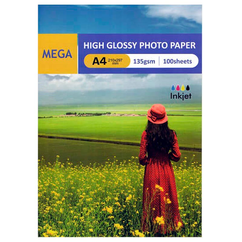 کاغذ گلاسه A4 مگا مخصوص پرینتر جوهر افشان 135 گرم