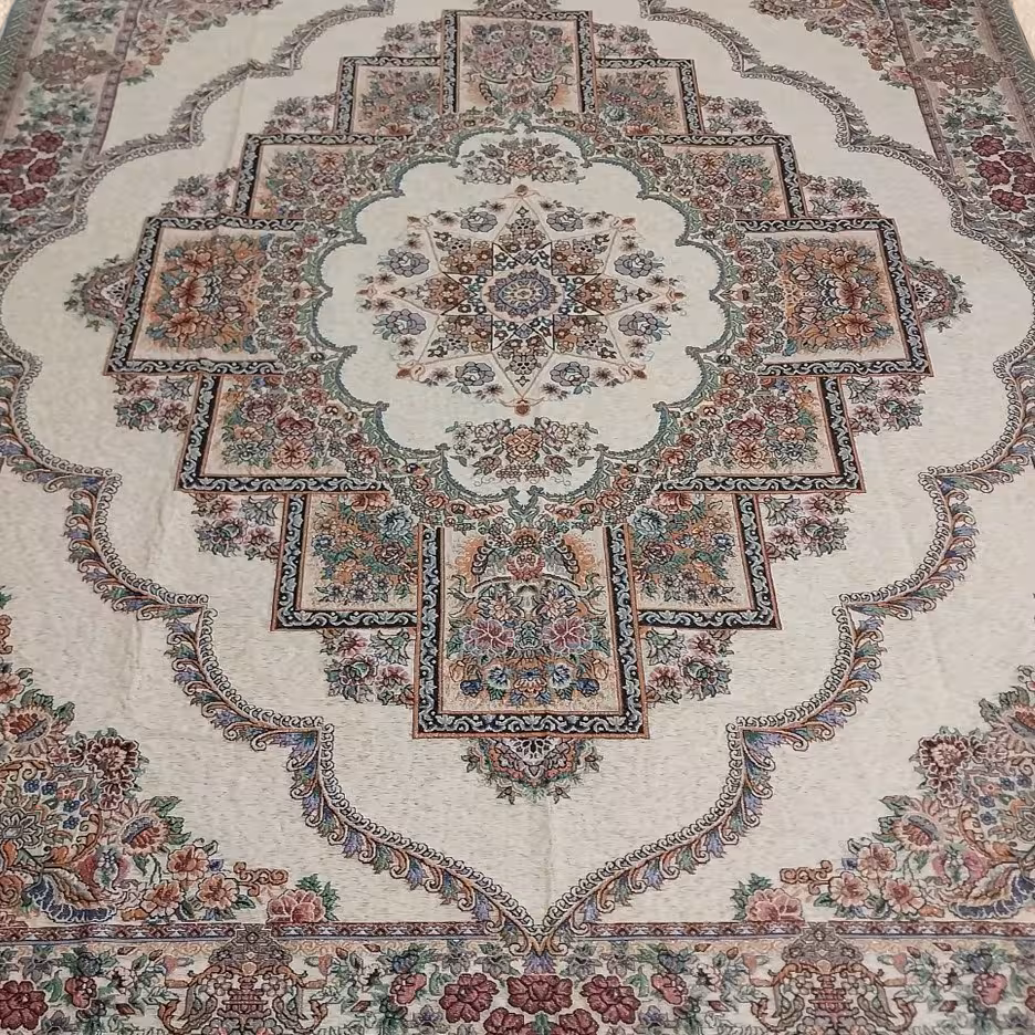 روفرشی مخمل زرکدار 6متری رنگ کرم طرح حوض نقره مدل ستاره ای
