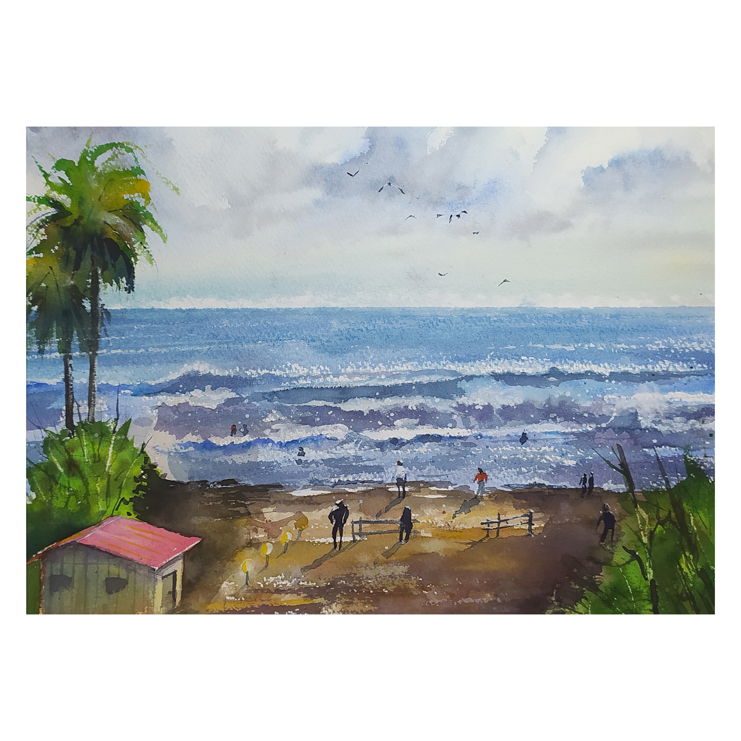 نقاشی آبرنگ طرح ساحل محمود آباد کد 3