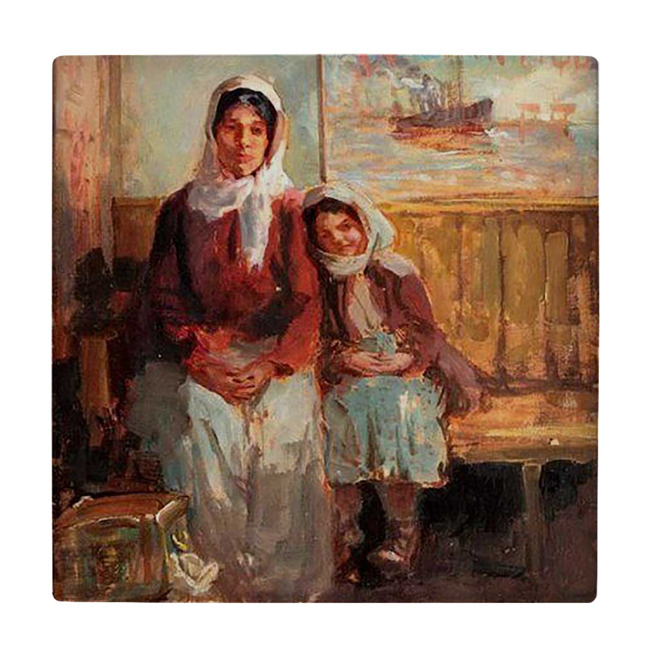 کاشی کارنیلا طرح نقاشی مادر و دختر روستایی کد wkk1861