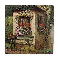 کاشی کارنیلا طرح نقاشی خروس روی نیمکت و منظره روستایی کد wkk3860