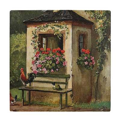 کاشی کارنیلا طرح نقاشی خروس روی نیمکت و منظره روستایی کد wkk3860