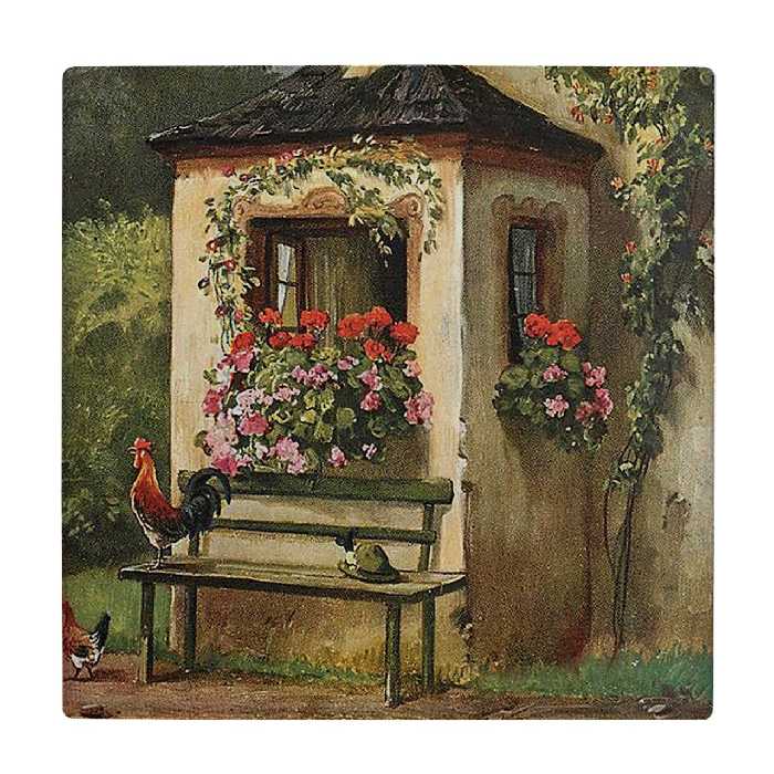 کاشی کارنیلا طرح نقاشی خروس روی نیمکت و منظره روستایی کد wkk3860