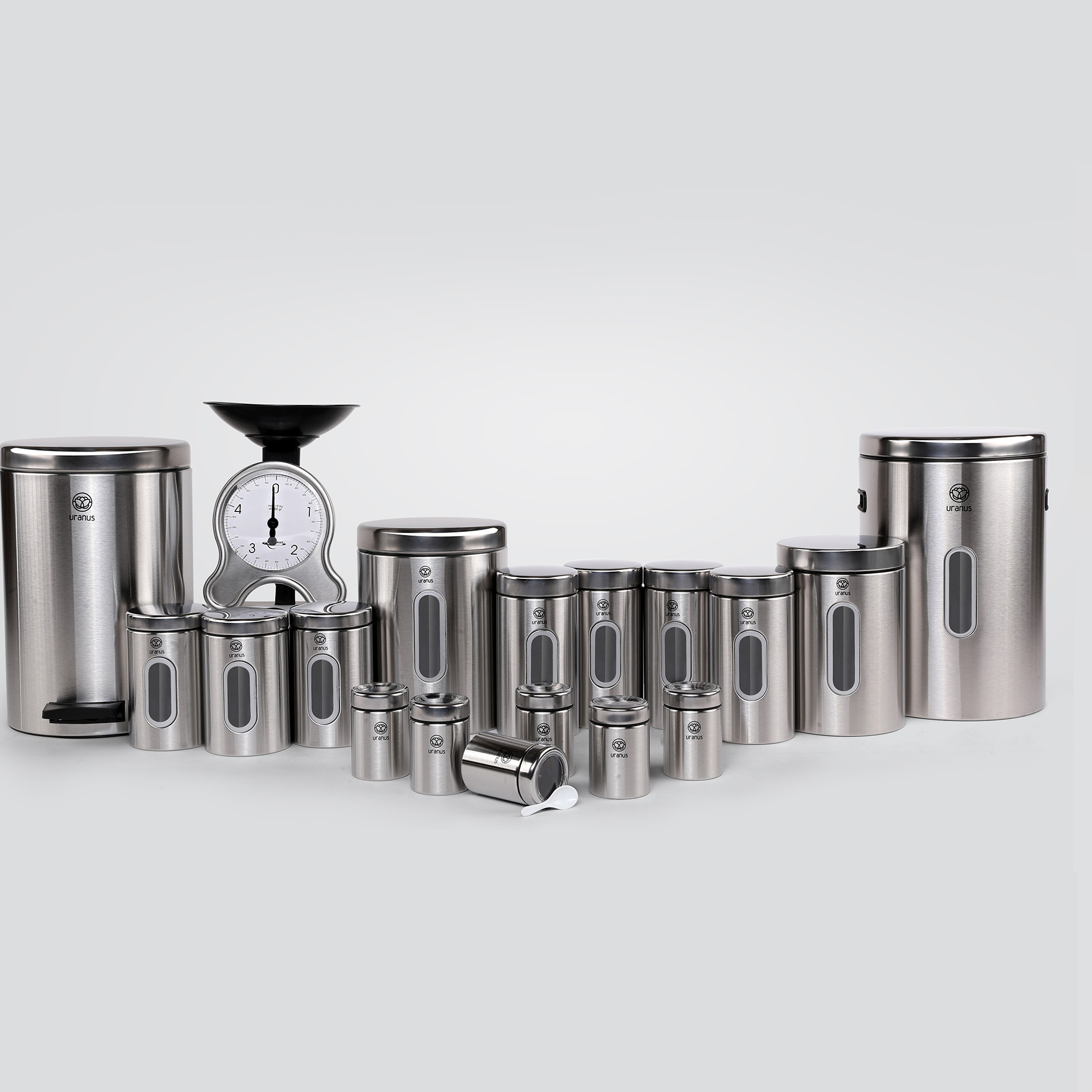 سرویس آشپزخانه اورانوس 18 پارچه مدل استوانه ای استیل خشدار با درب استیل