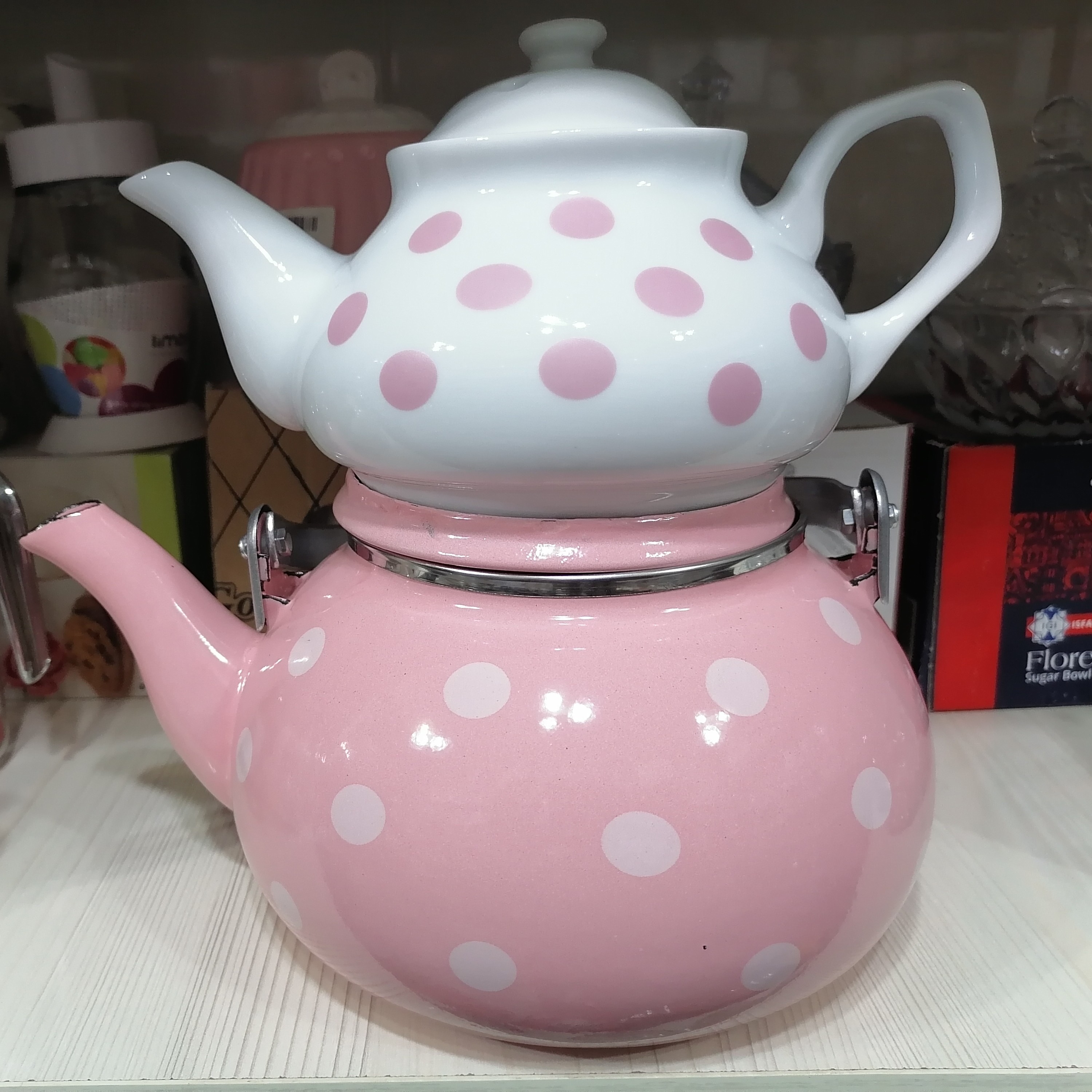 ست کتری قوری رنگی خالدار  لعابی توپی MRS