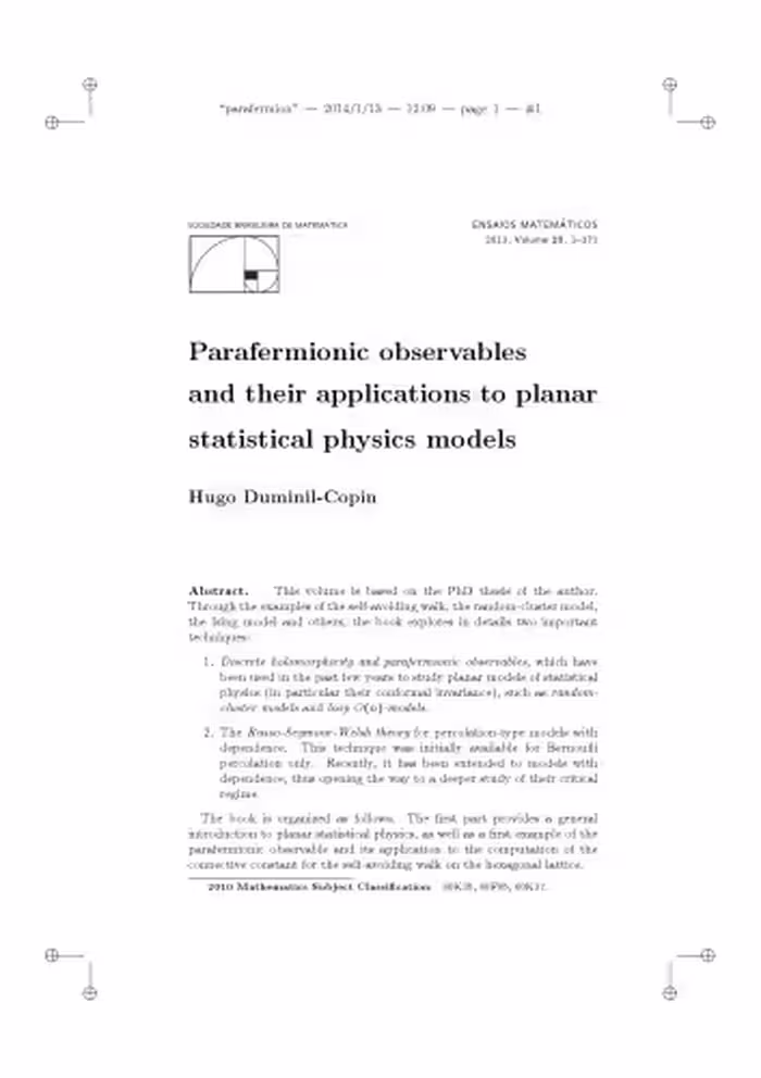 خرید و دانلود نسخه کامل کتاب Parafermionic observables and their applications to planar statistical physics models