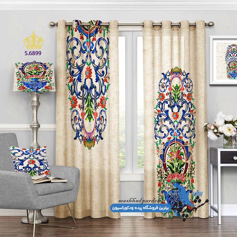 پرده پانچ اسلیمی طرح گلدان و کاشی کاری کد s-6899