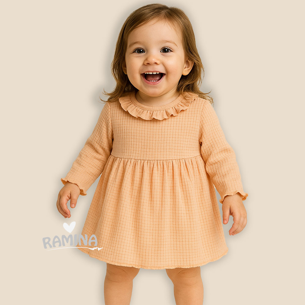 پیراهن یقه چین دار بچه گانه دخترانه نارنجی ببتو Bebetto