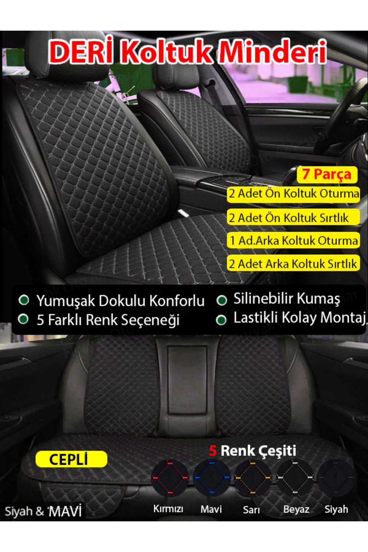 بالشتک صندلی خودرو مشکی TOYOTA COROLLA HYBRID 2019 و بعداً 7 قطعه کوسن چرمی کامل سیاه سفید Nuryak Oto Aksesuar