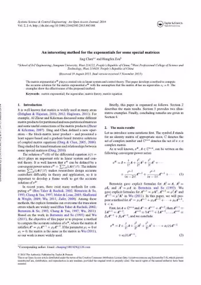خرید و دانلود نسخه کامل کتاب Jing Chena, Hongfen Zoub 'An interesting method for the exponentials for some special matrices'