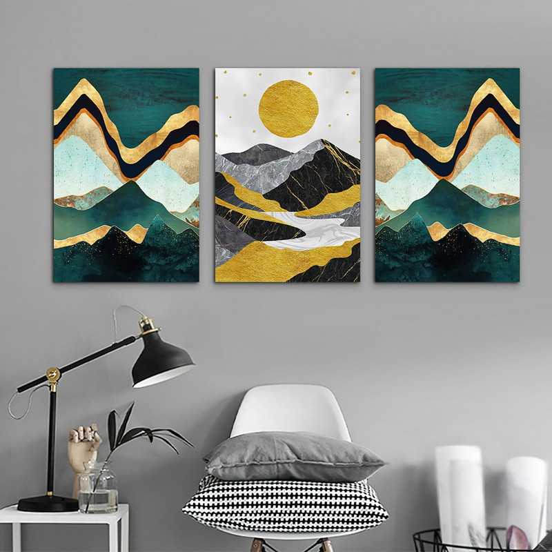 تابلو شاسی دنیای قابطرح نقاشی کوه و خورشید مدل SH-1005 مجموعه 3 عددی | دنیای قاب