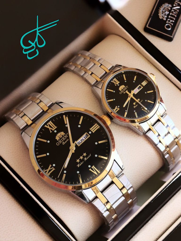 خرید ست ساعت زنانه و مردانه اورینت دارای تاریخ فارسی و انگلیسی رنگ ثابت ضد آب کد 2115778 - ردگل