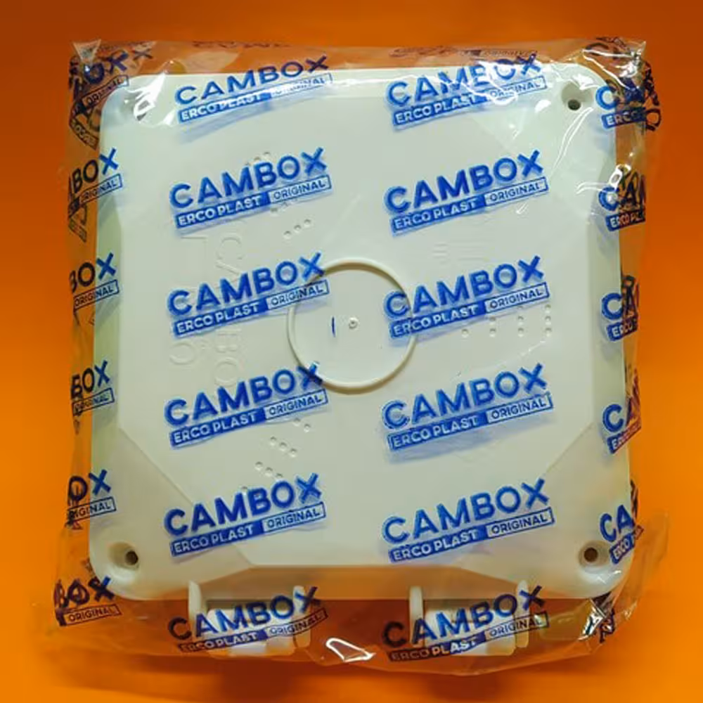 جعبه تقسیم دوربین cambox با ابعاد 14 سانتی متر جنس بدنه pvc درب لولایی 