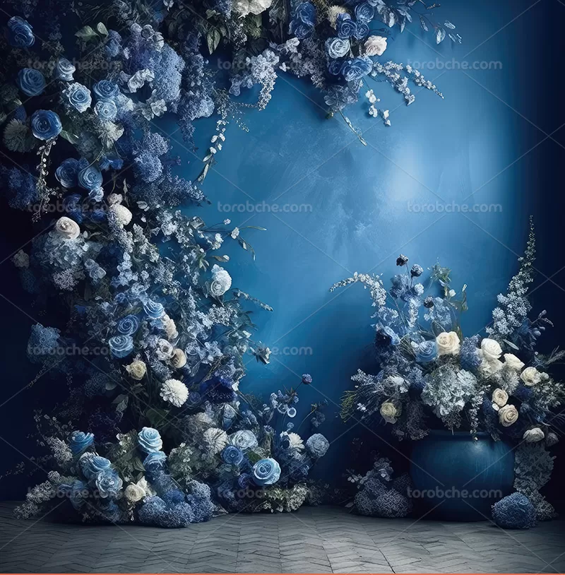 بک دراپ عکاسی با گل آبی و برگ | گرافیک با طعم تربچه