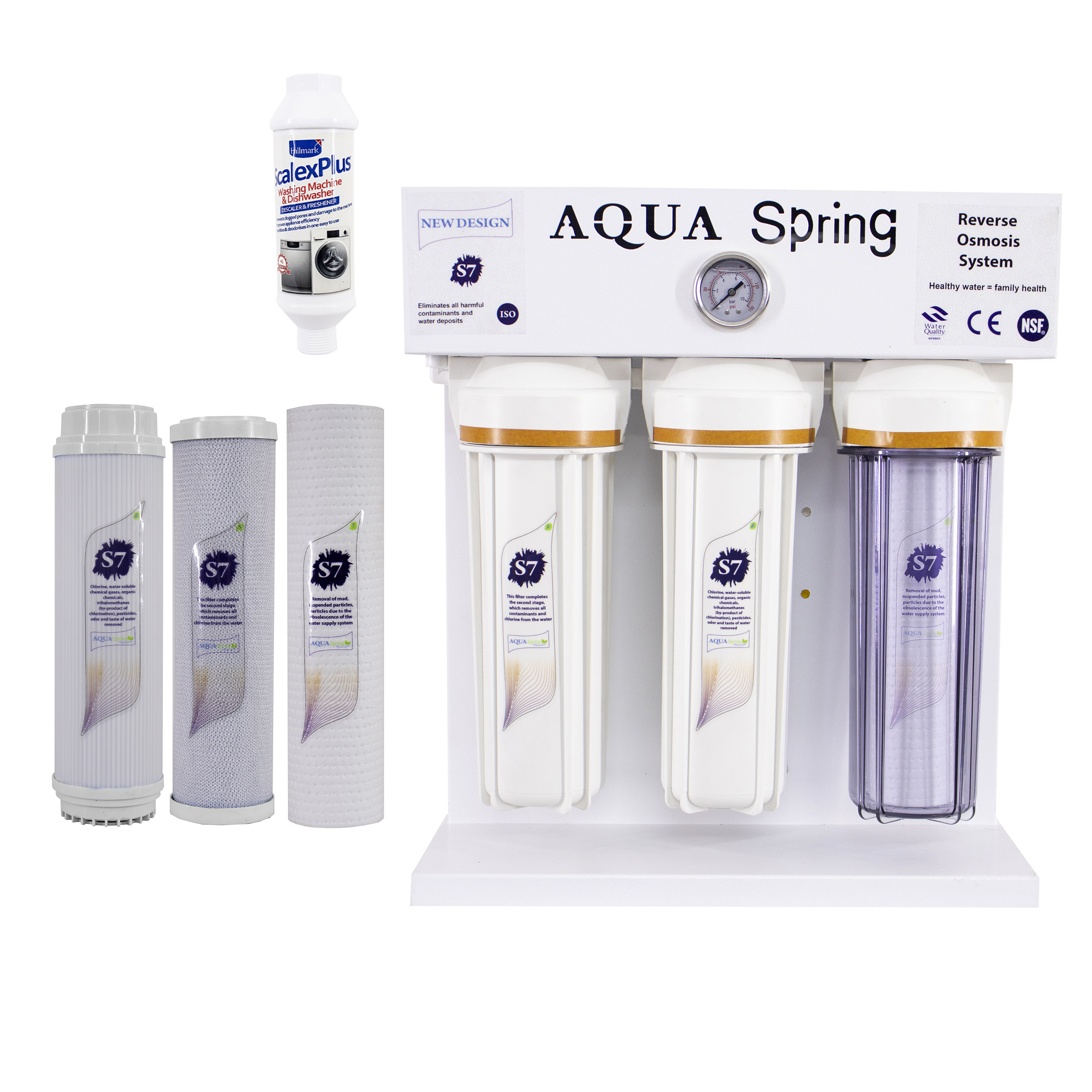 دستگاه تصفیه کننده آب آکوآ اسپرینگ مدل RO-S7-WZ 7600 به همراه مجموعه فیلتر سه عددی و رسوبگیر اسکالکس پلاس