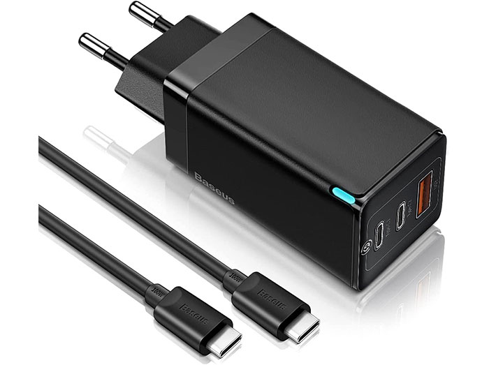 شارژر دیواری سریع سه پورت و کابل تایپ سی بیسوس Baseus CCGaN65E2 GaN2 Pro 65W Charger