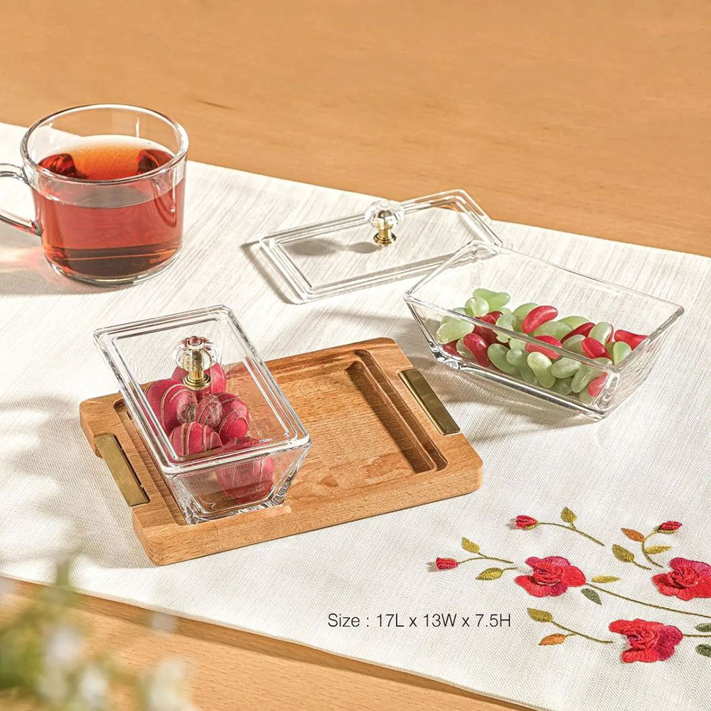 اردوخوری شیشه ای مستطیل 2 خانه پایه چوبی لیمون کد 2247