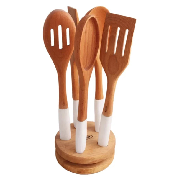 ست کفگیر ملاقه چوبی سیلیکونی ریور سفید 8492