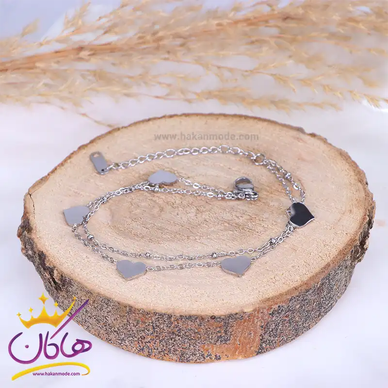 دستبند استیل زنانه زنجیر دو لاین قلبی | st 4324