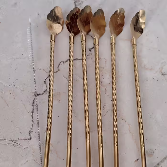 قاشق نی دارطلایی مدل برگ دارای فرچه رنگ ثابت 6عددی 
