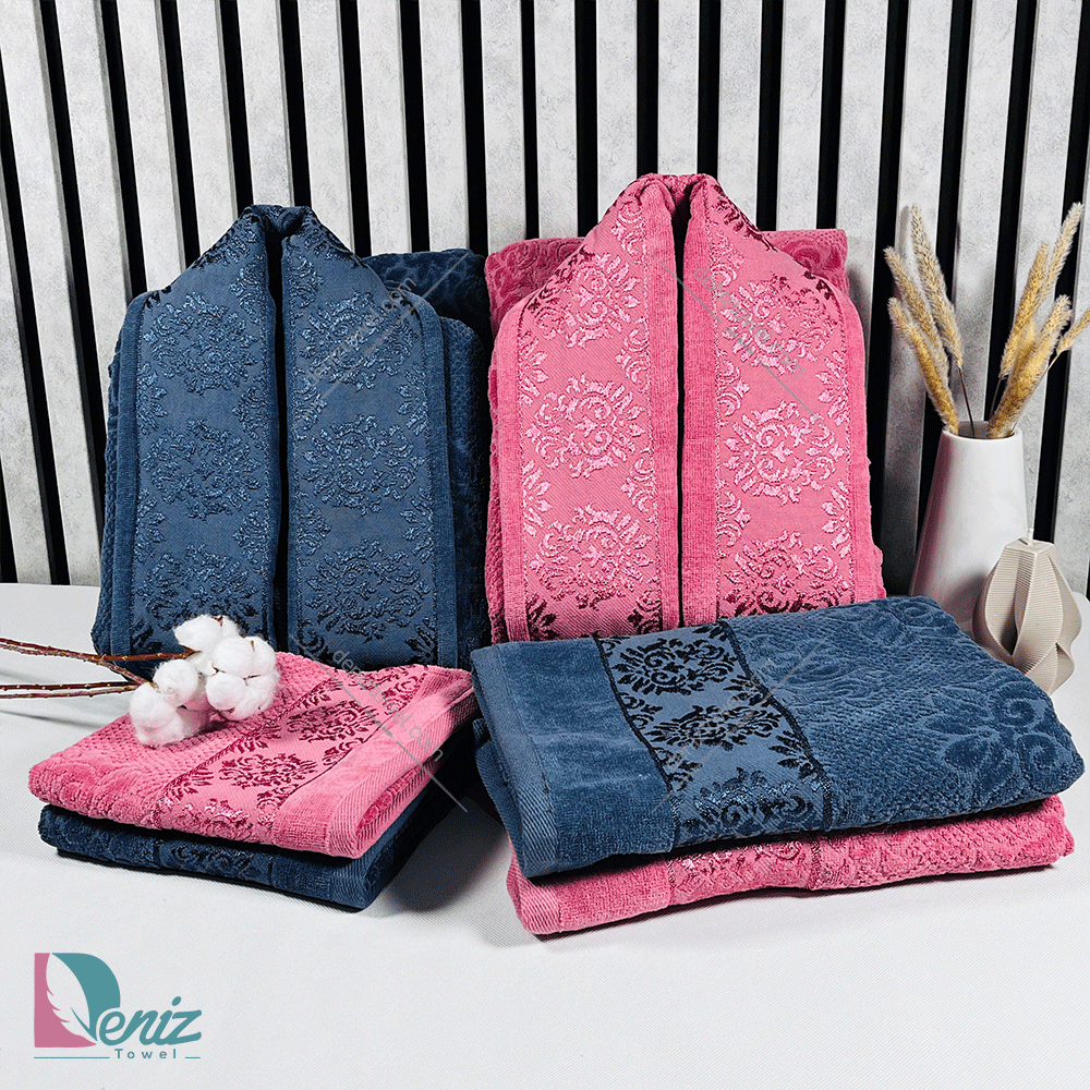 حوله ست دو نفره ژاکارد رنگ نوک مدادی و عنابی