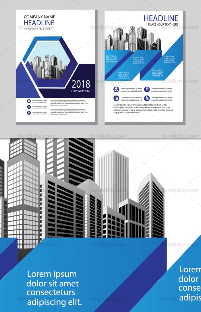 وکتور بروشور مشاور املاک دو طرفه آبی رنگ | گرافیک با طعم تربچه