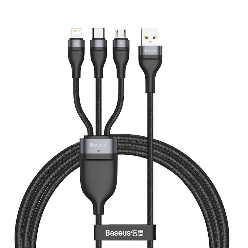 کابل شارژ 1 به 3 MicroUSB / lightning/ Type-C باسئوس CA1T3-G1 طول 12 متر