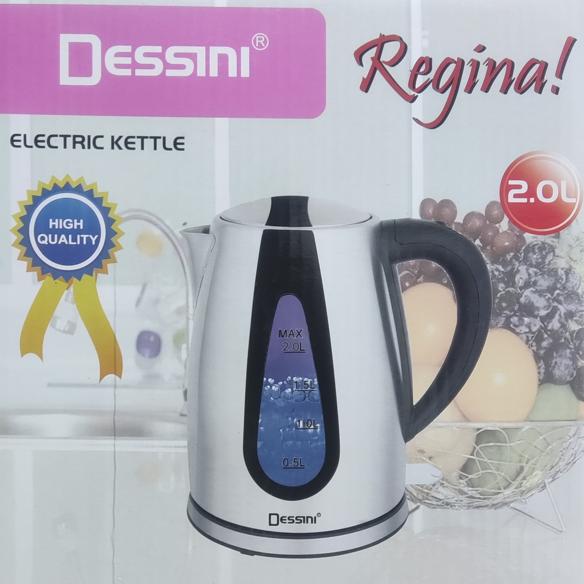 کتری برقی برند دسینی مدل 444 بدنه استیل دارای نشانگر میزان آب و لامپ LED حجم 2 لیتر و توان 2200وات جنس درجه یک