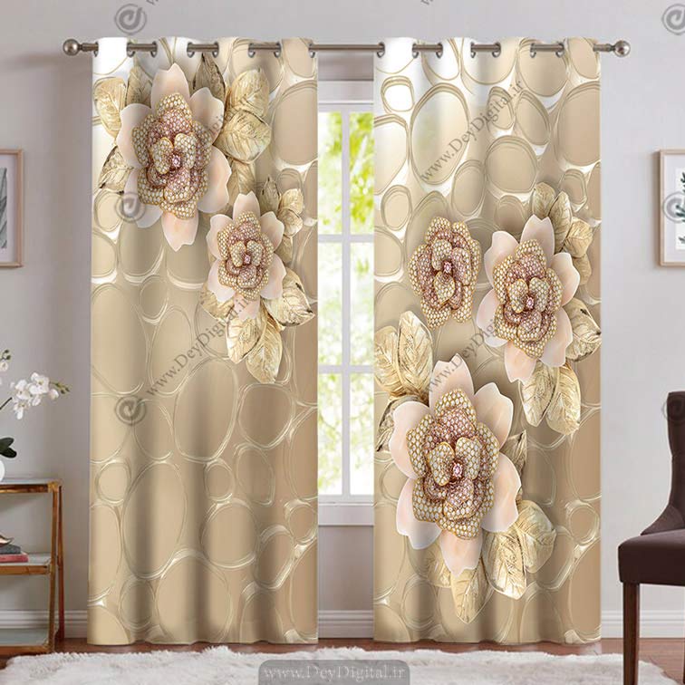 پرده پانچ برای سالن پذیرایی مدل جدید گل طلایی PK-4979