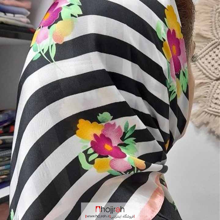 اطلاعات ، قیمت و خرید روسری مینی اسکارف ساتن ابریشم سفید مشکی طرح گل کد LA93