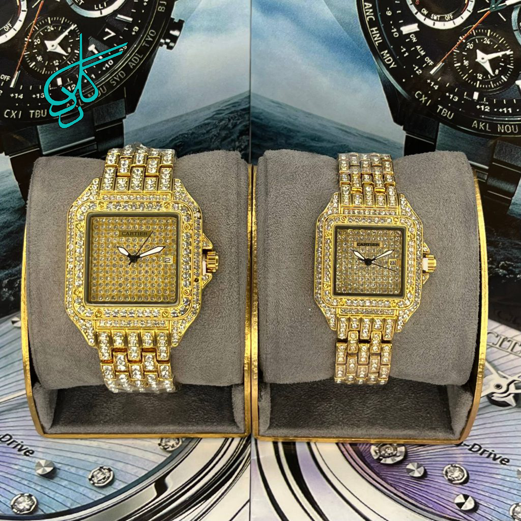 خرید ست ساعت زنانه و مردانه فول نگین کارتیر کیفیت عالی رنگ ثابت کد 2117153 - ردگل