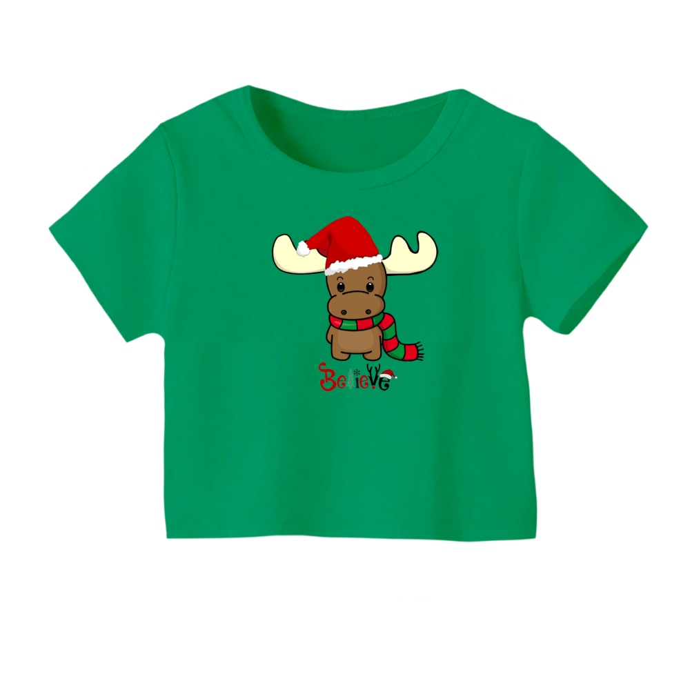 کراپ‌ تی‌شرت آستین کوتاه زنانه مدل گوزن کریسمس کد 3 رنگ سبز