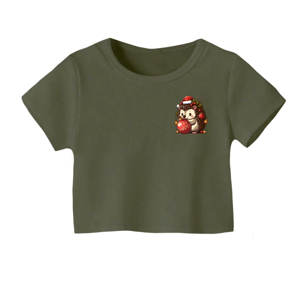 کراپ تیشرت آستین کوتاه زنانه مدل جوجه تیغی کریسمس کد 1 رنگ یشمی