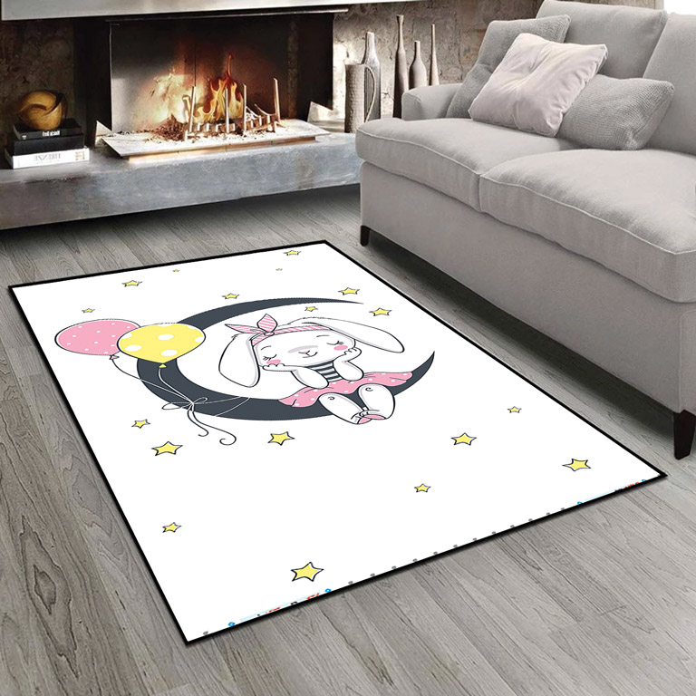 فرش چاپی طرح عروسکی خرگوش نشسته بر ماه زمینه سفید PK-5202