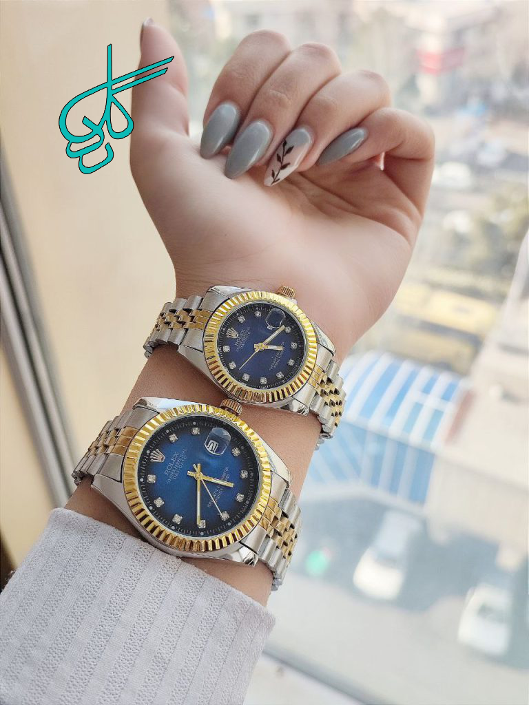 خرید ست ساعت زنانه و مردانه مارک رولکس تقویم دار رنگ ثابت صفحه آبی قفل ضامن دار کد 2116374 - ردگل