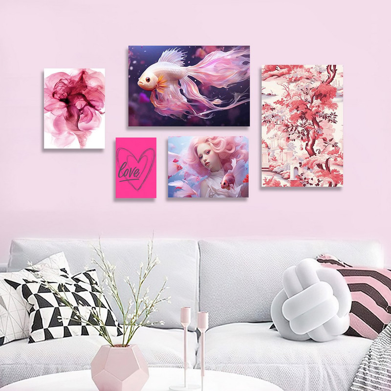 تابلو شاسی دنیای قابطرح نقاشی آبرنگی ماهی بال دار و گل رنگی مدل SH-1200  مجموعه 5 عددی | دنیای قاب